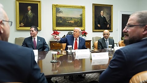 President Donald Trump speaks during a roundtable in the Roosevelt Room of the White House, Wednesday, Dec. 10, 2025