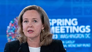 Former Spain's Economy Minister Nadia Calvino, now president of the EIB, speaks at a news conference, during the WB/IMF Spring Meetings in Washington, April 14, 2023