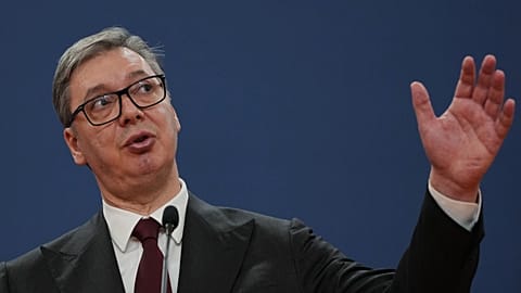 Serbian President Aleksandar Vučić at a joint news conference with European Commission President Ursula von der Leyen at the Serbia Palace in Belgrade, Serbia, Oct. 15, 2025.