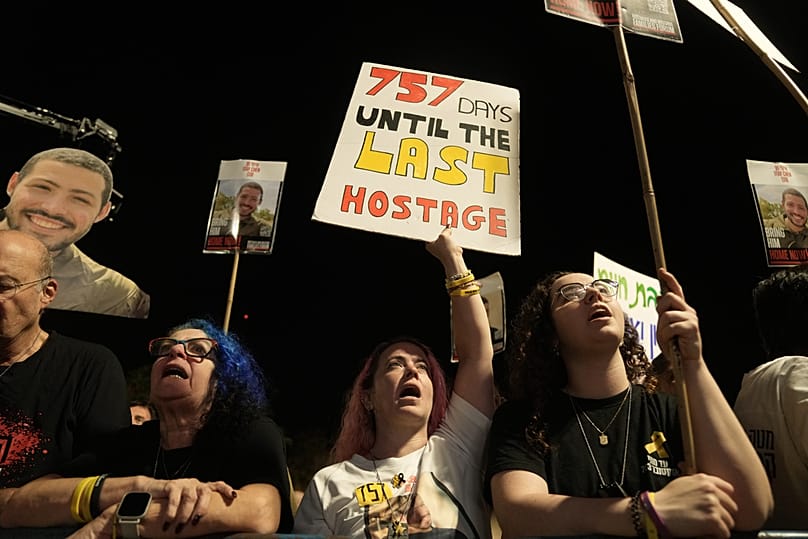 FILE: Relatives and supporters of hostages held by Hamas in the Gaza Strip attend a rally calling for their immediate release in Tel Aviv, 1 November 2025