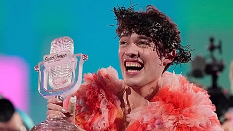Nemo celebrates after winning the Eurovision Song Contest in Sweden, 12 May, 2024
