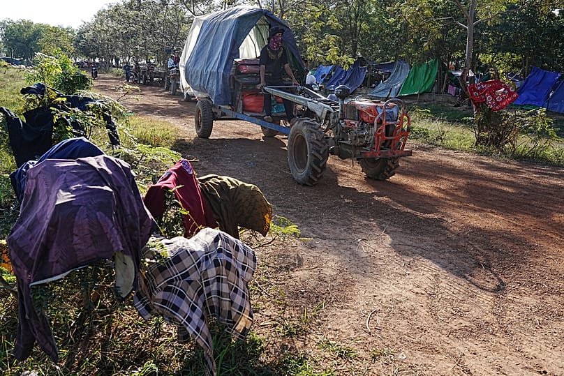 Displaced people arrive to take refuge in Siem Reap province, Cambodia after fleeing from their homes following fighting between Thailand and Cambodia, Friday, 12 Dec, 2025