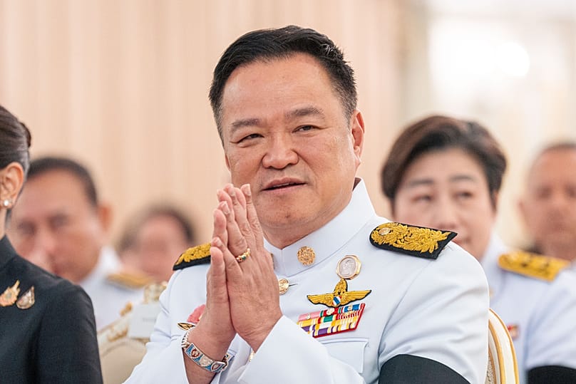 Thailand's Prime Minister Anutin Charnvirakul gestures as he attends an event at the government house in Bangkok, Thailand, Friday, 12 Dec, 2025