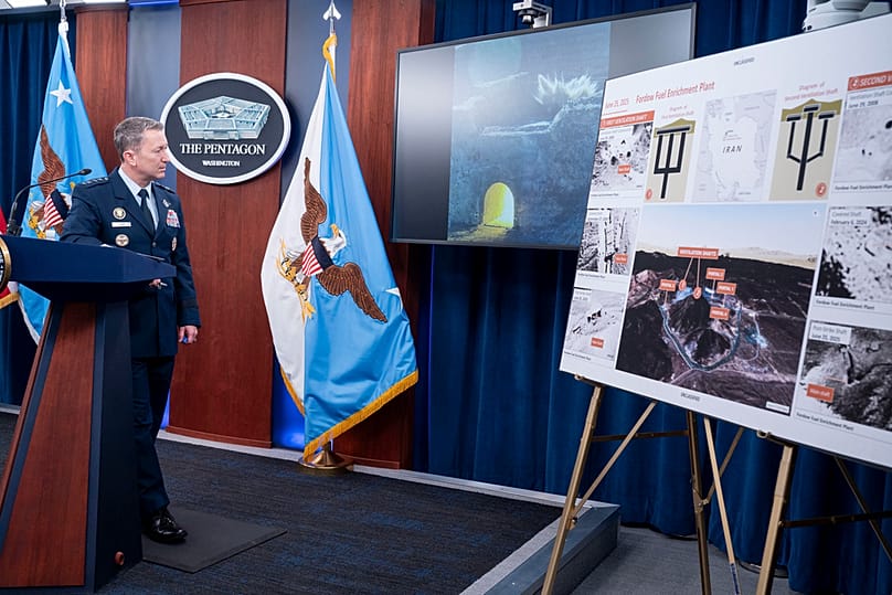 Joint Chiefs Chairman Gen. Dan Caine shows ordinance used in the attack on the Iranian Fordow nuclear plant during a news conference at the Pentagon, Thursday, 26 June 2025