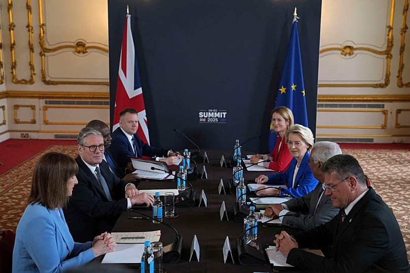 Prime Minister Keir Starmer speaks to European Commission President Ursula von der Leyen during a meeting between the UK and EU, 19 May 2025