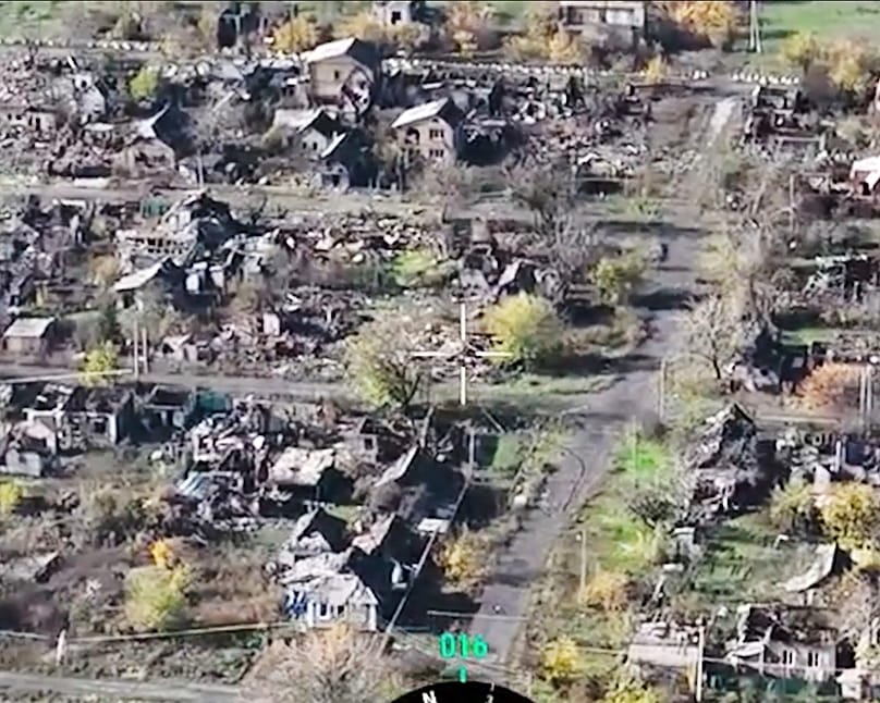 This image made from video provided by Skala - 425th Separate Assault Regiment shows drone footage from Provost, Ukraine, Saturday, Nov. 1, 2025. 