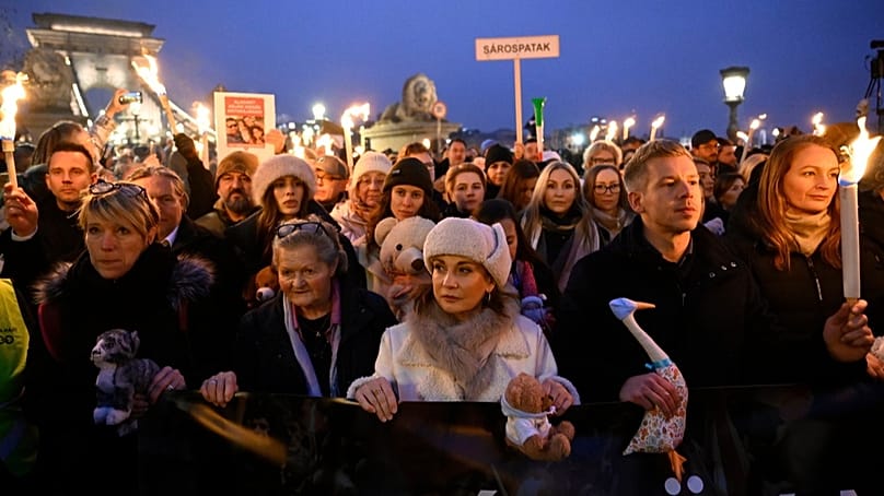 Chairman of the Hungarian opposition Tisza Party Peter Magyar holds protest in support of abused children in Budapest, Hungary, Saturday, Dec. 13, 2025