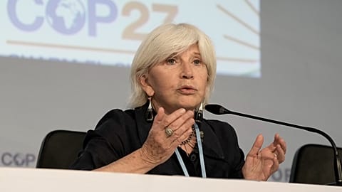 Laurence Tubiana, CEO of the European Climate Foundation (ECF), speaks about ongoing negotiations at the COP27 U.N. Climate Summit, Nov. 17, 2022, in Egypt.