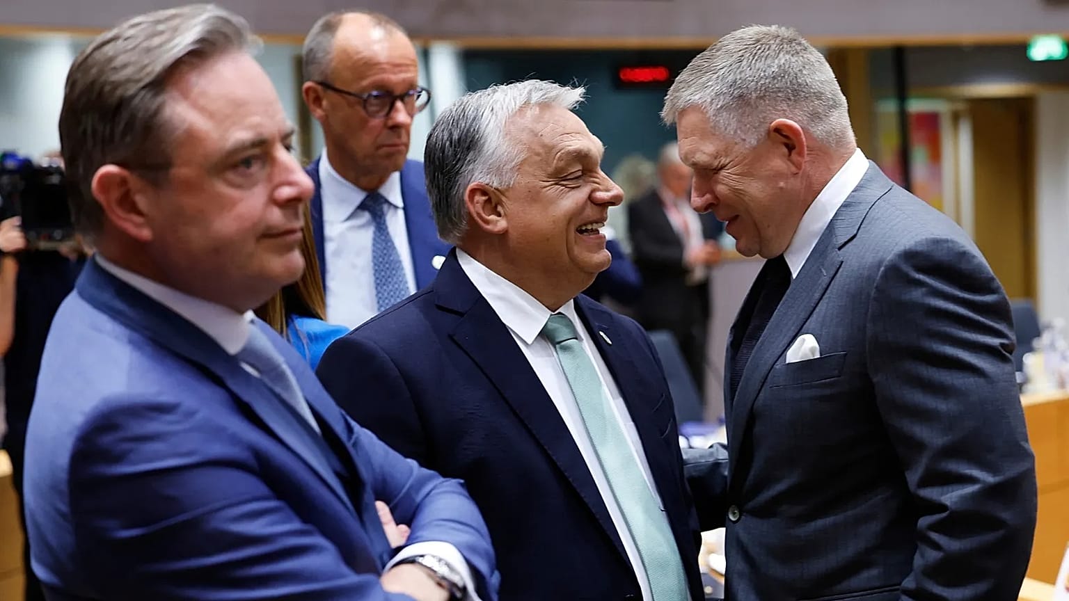 Belgium's Prime Minister Bart De Wever, Germany's Chancellor Friedrich Merz, Hungary's PM Viktor Orbán and Slovakia's Robert Fico at an EU summit in Brussels.