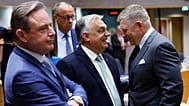 Belgium's Prime Minister Bart De Wever, Germany's Chancellor Friedrich Merz, Hungary's PM Viktor Orbán and Slovakia's Robert Fico at an EU summit in Brussels.