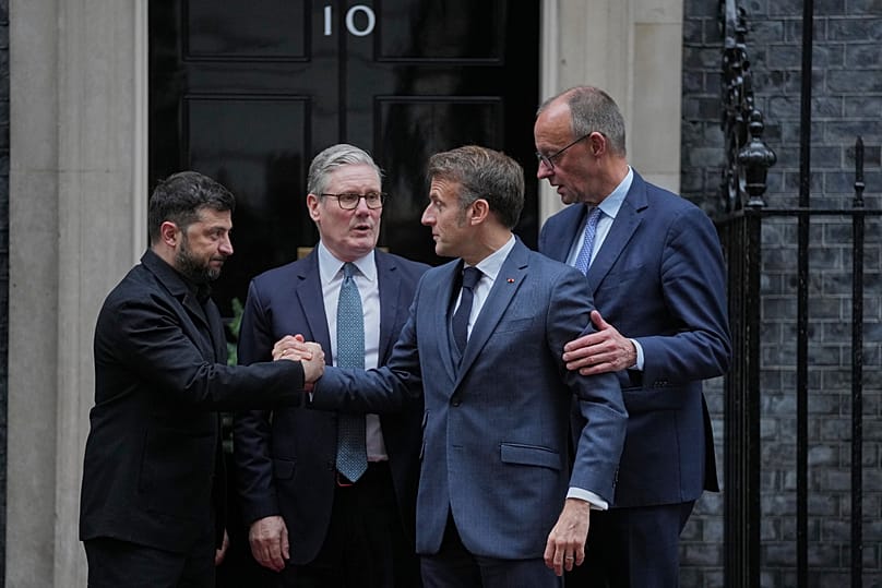 Ukrainian President Volodymyr Zelenskyy with Keir Starmer, Emmanuel Macron and Friedrich Merz at 10 Downing Street in London, 8 December, 2025