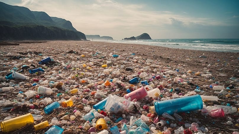 شاطئ مغطّى ببقايا البلاستيك