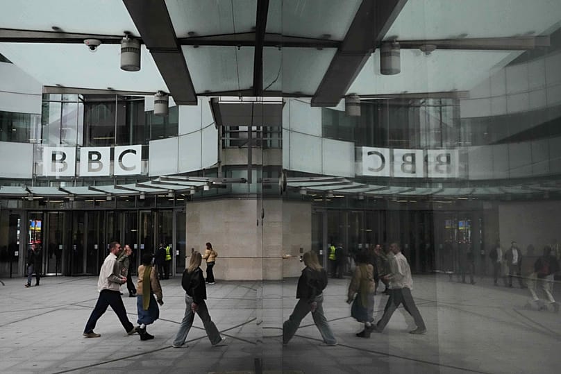 The BBC logo is displayed outside the company's headquarters in London, 11 November, 2025