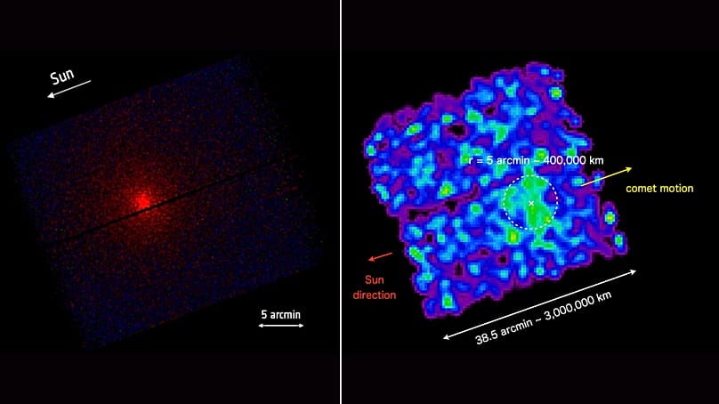 Images en rayons X de 3I/ATLAS prises par l’observatoire spatial en rayons X XMM-Newton de l’Agence spatiale européenne (à gauche) et par le télescope à rayons X mous Xtend de XRISM (à droite).