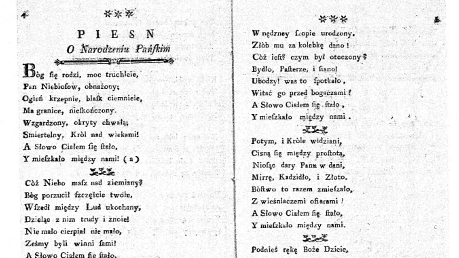 Utwór „Pieśń o Narodzeniu Pańskim” autorstwa Franciszka Karpińskiego, ze zbioru pieśni i tłumaczeń psalmów „Pieśni Nabożne"