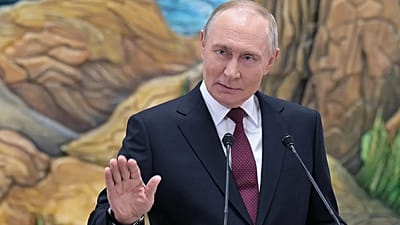 Vladimir Putin gestures speaking to Russian journalists after the summit of the Collective Security Treaty Organisation (CSTO) in Bishkek, Kyrgyzstan, Nov. 27, 2025.