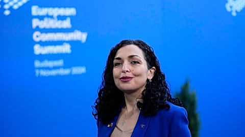 FILE: Kosovo's President Vjosa Osmani arrives for the European Political Community (EPC) Summit at the Puskas Arena in Budapest, 7 November 2024
