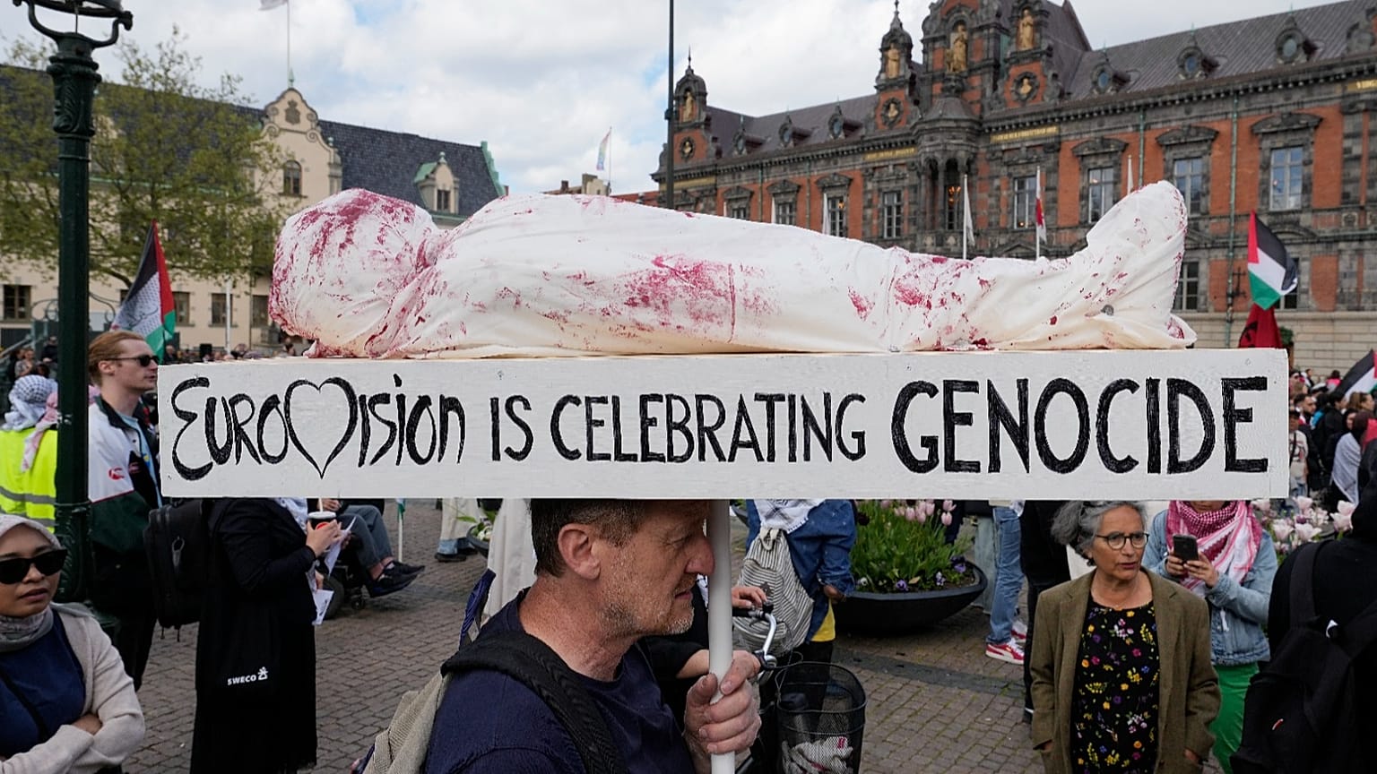 Demonstrators gather to protest last year's Eurovision Song Contest