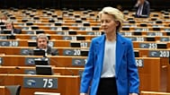 European Commission President Ursula von der Leyen, center, arrives for a plenary on the 2028-2034 Multiannual Financial Framework at the European Parliament in Brussels