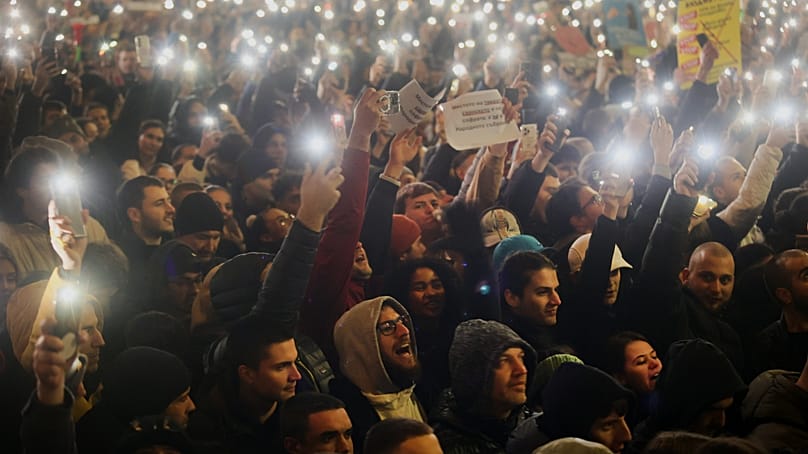 People attend a protest against austerity measures in next year's draft budget, in Sofia, Monday, Dec 1, 2025. (AP Photo/Valentina Petrova)