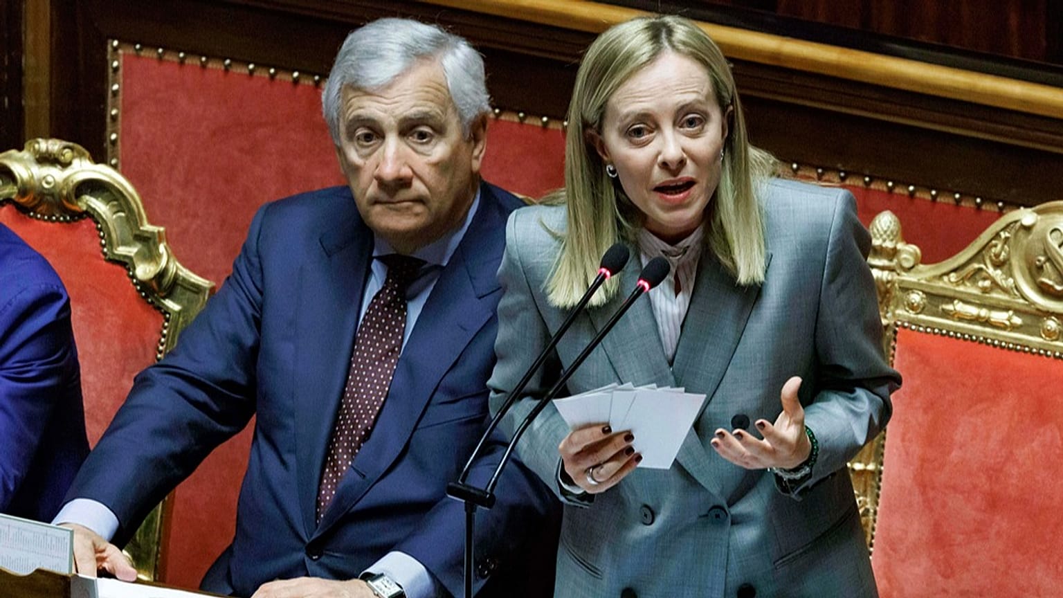 FILE: Italian Premier Giorgia Meloni flanked by Foreign Minister Antonio Tajani addresses the Senate on the upcoming European Council meeting, in Rome, 24 June 2025