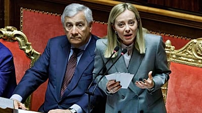 FILE: Italian Premier Giorgia Meloni flanked by Foreign Minister Antonio Tajani addresses the Senate on the upcoming European Council meeting, in Rome, 24 June 2025