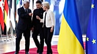 From left, European Council President Antonio Costa, Ukraine's President Volodymyr Zelenskyy and European Commission President Ursula von der Leyen arrive for an EU Summit.