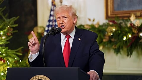 US President Donald Trump speaks during an address to the nation from the Diplomatic Reception Room at the White House, Wednesday, Dec. 17, 2025, in Washington.