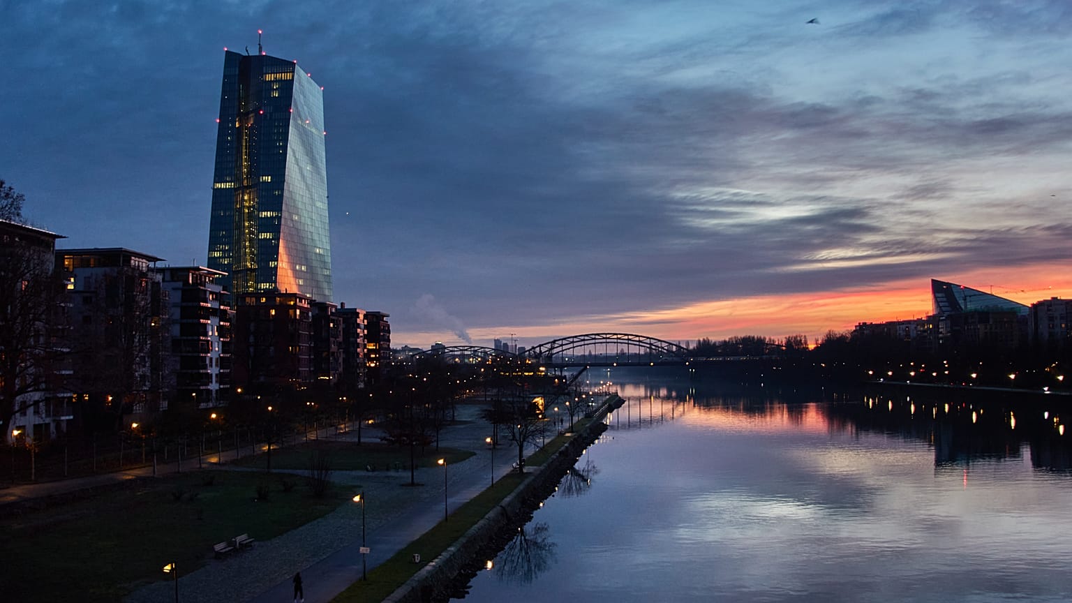 The European Central Bank is seen near the river Main in Frankfurt, Germany. 9 Dec. 2025.