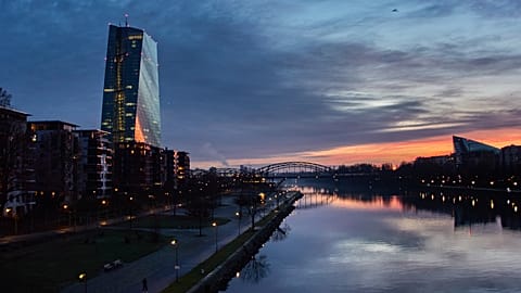 The European Central Bank is seen near the river Main in Frankfurt, Germany. 9 Dec. 2025.