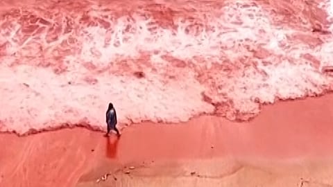 Una persona cammina lungo una spiaggia resa rossa dalle forti piogge sull'isola di Hormuz, Iran, 16 dicembre 2025