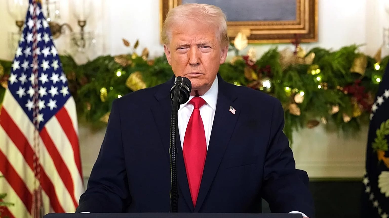 President Donald Trump speaks during an address to the nation from the Diplomatic Reception Room at the White House, Wednesday, Dec. 17, 2025.
