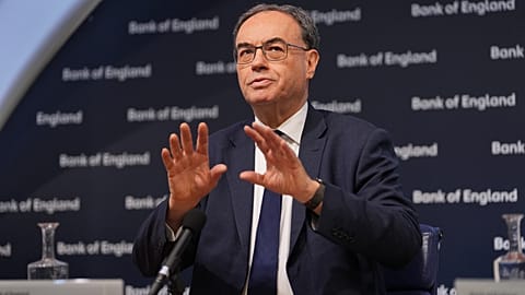FILE. Governor of the Bank of England, Andrew Bailey, during the Bank of England financial stability report press conference, at the Bank of England, London. 2 Dec. 2025. 