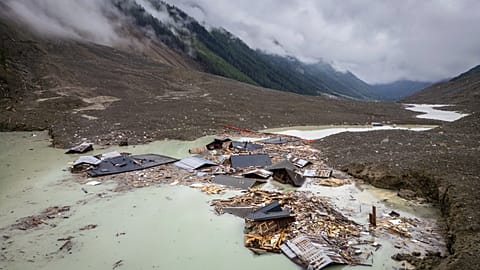 An aerial view after a massive avalanche, triggered by the collapse of the Birch Glacier, swept down to the valley floor and demolished the village of Blatten, Switzerland.