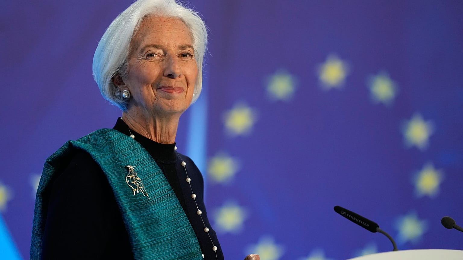 President of European Central Bank Christine Lagarde smiles during a press conference after an ECB's governing council meeting in Frankfurt, Germany, Thursday, Dec. 18, 2025.