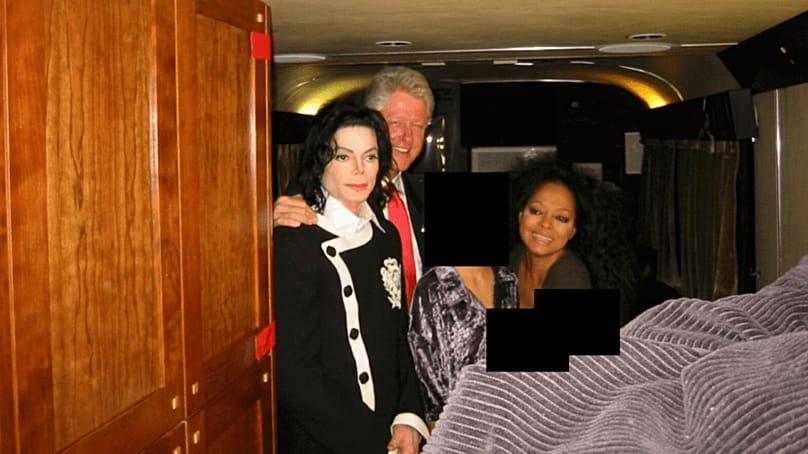 Bill Clinton, Michael Jackson és Diana Ross egy, az amerikai igazságügyi minisztérium által dátum nélkül közzétett fotón