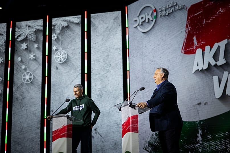 Orbán Viktor és Lázár János a szegedi Pick Arénában 2025. december 20-án