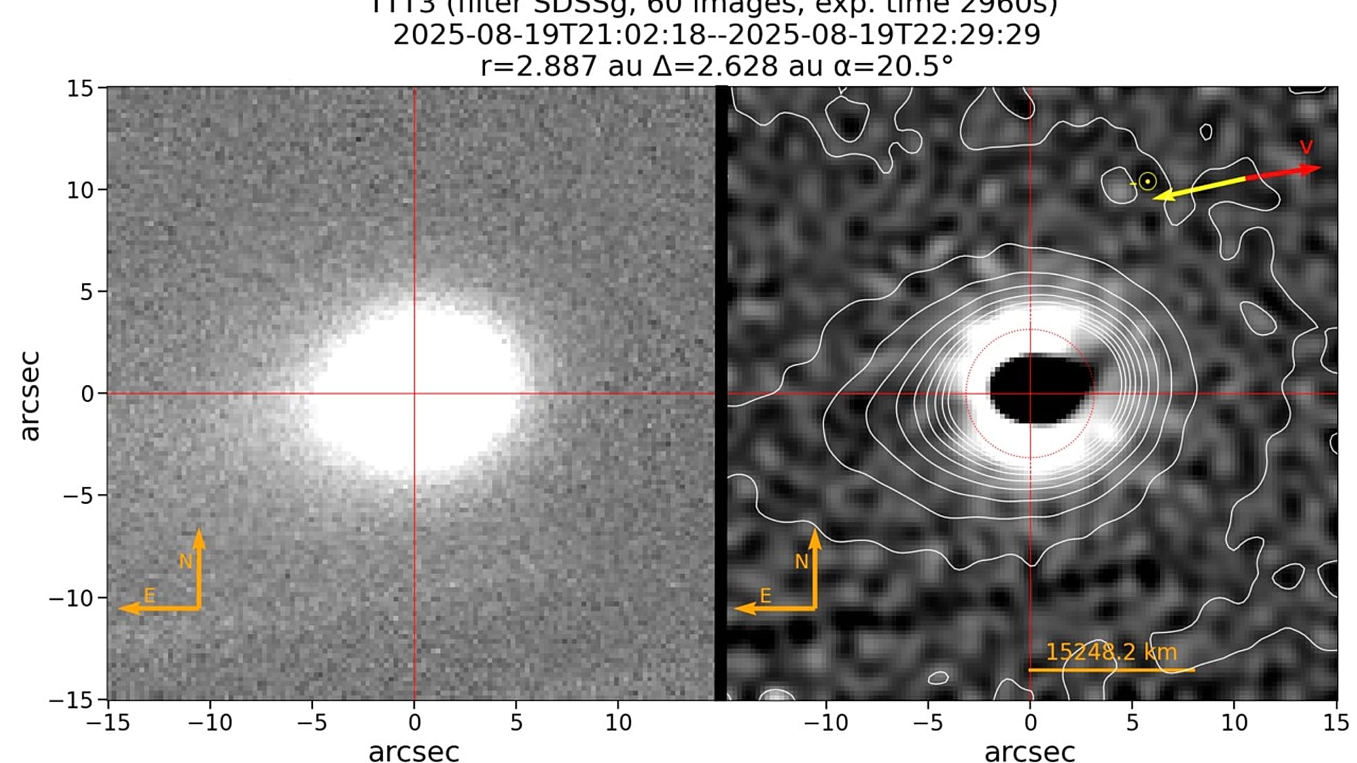 Imagem original e, à direita, a mesma imagem após processamento para realçar as estruturas internas da vírgula. É visível um jato estreito.
