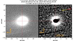 Imagen original y a la derecha la misma imagen tras un procesado que realza las estructuras de la coma interna. Se aprecia un chorro estrecho.