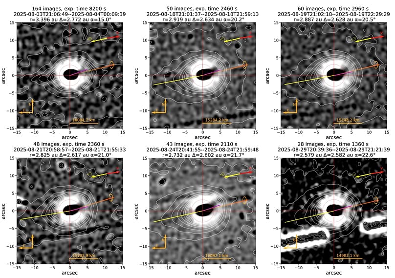 El tratamiento de la imagen permite identificar un chorro estrecho de material que emerge desde la zona del núcleo iluminada por el Sol,  diferenciado de la cola de polvo 