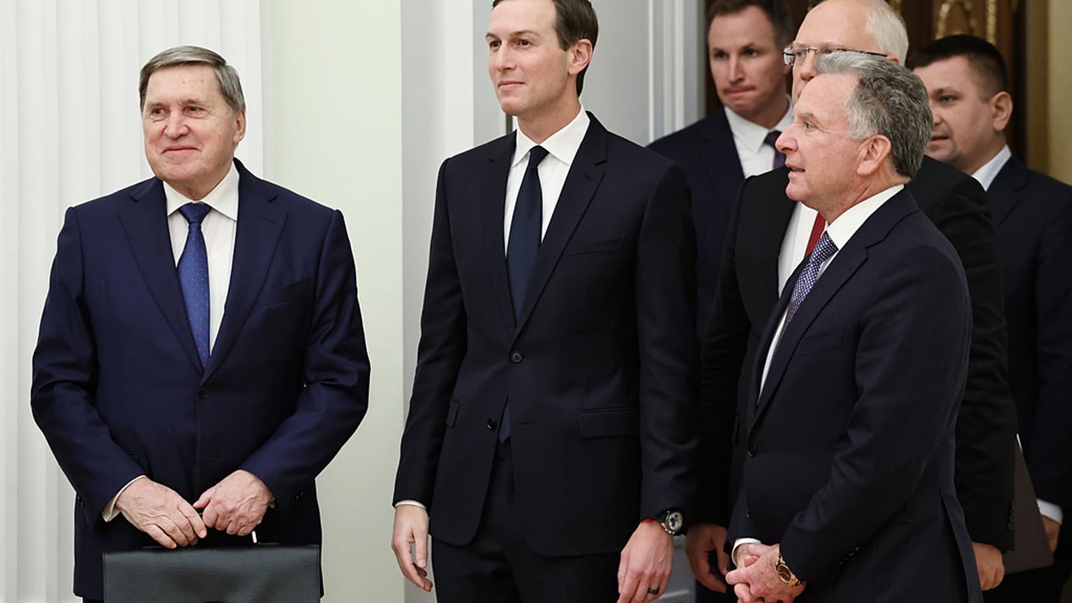 Yuri Ushakov, left, Jared Kushner, center, Steve Witkoff, foreground right, Kirill Dmitriev, behind Witkoff,, in Moscow, Russia, Dec. 2, 2025.