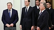 Yuri Ushakov, left, Jared Kushner, center, Steve Witkoff, foreground right, Kirill Dmitriev, behind Witkoff,, in Moscow, Russia, Dec. 2, 2025.