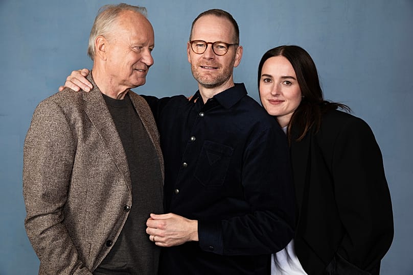 Right to left, Stellan Skarsgard, Joachim Trier and Renate Reinsve.