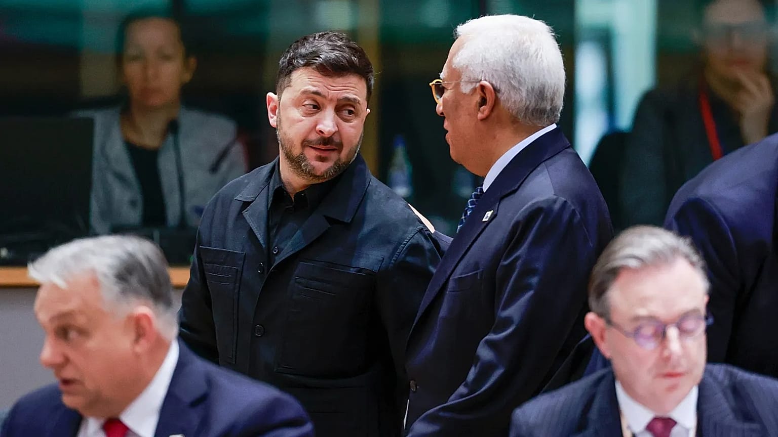 Ukrainian president Volodymyr Zelenskyy and European Council President Antonio Costa in Brussels.