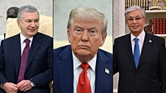 O Presidente do Uzbequistão, Shavkat Mirziyoyev, o Presidente dos EUA, Donald Trump, e o Presidente do Cazaquistão, Kassym-Jomart Tokayev 