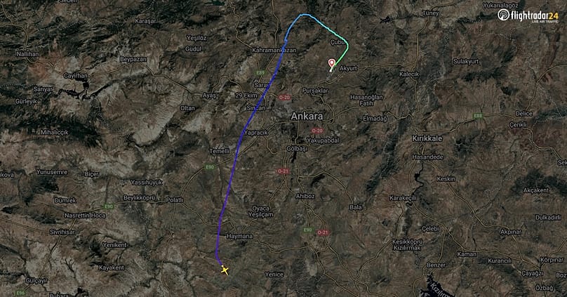 Hava trafiği ve uçuş takipleri yapan Flightradar'a göre iş jetinin kalkıştan düşene kadar süren rotası