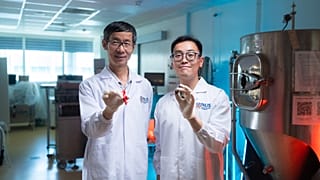 Liu Shao Quan (left) and Mr Manfred Ku from the NUS Department of Food Science and Technology developed novel methods to improve the taste of carob-based chocolate. 