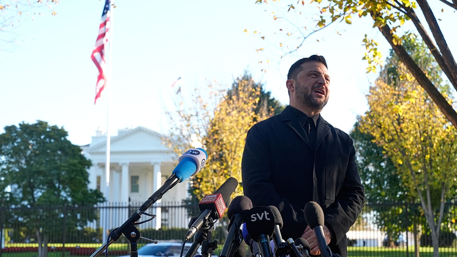 FILE: Ukraine's President Volodymyr Zelenskyy speaks to reporters in Lafayette Park near the White House, following a meeting with US President Donald Trump, 17 October 2025