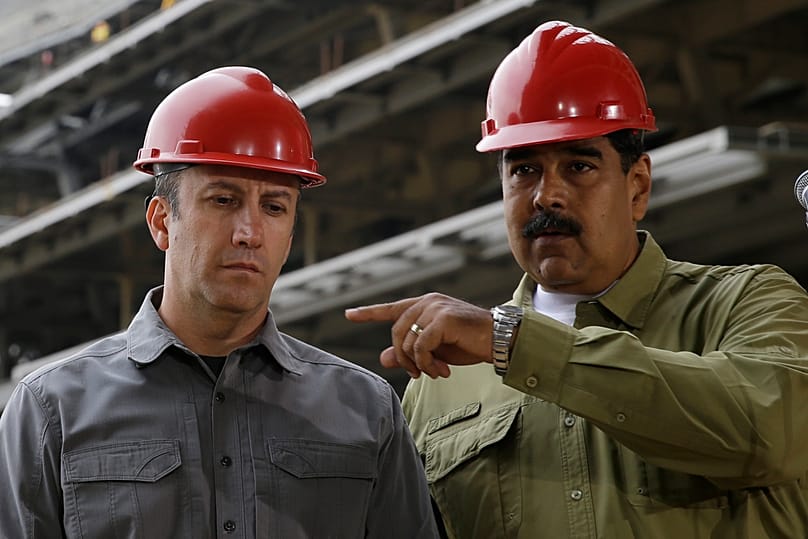 FILE - Venezuela's President Maduro and Vice President Tareck El Aissami, tour the construction of La Rinconada baseball stadium, on the outskirts of Caracas. April 9, 2024