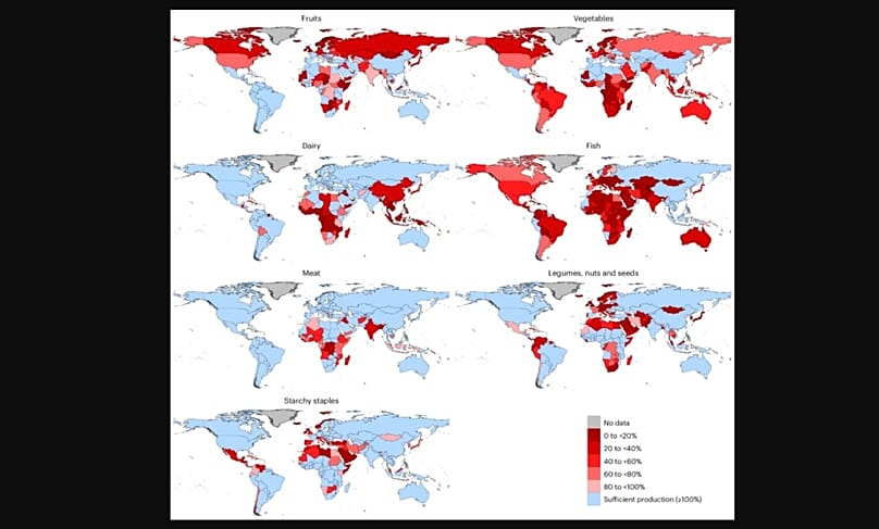 Ülkelerin gıda üretiminde yeterlilik seviyelerini gösteren haritalar.